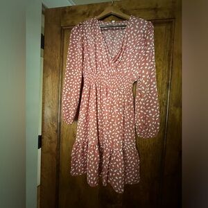 Size large, salmon and white printed dress.